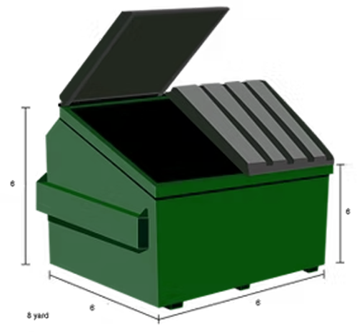 Green commercial dumpster with open lid and dimensions labeled.