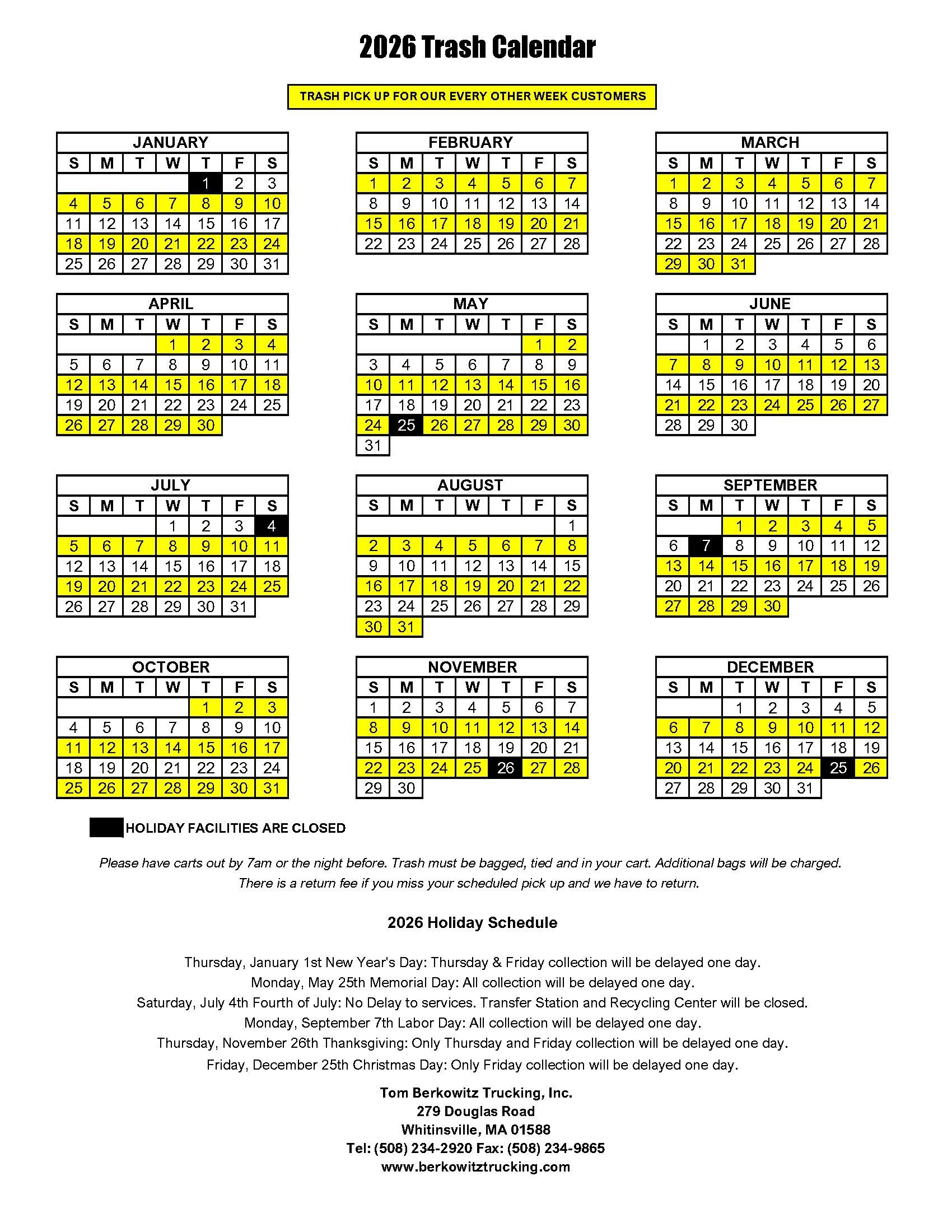 2026 yearly trash pickup schedule