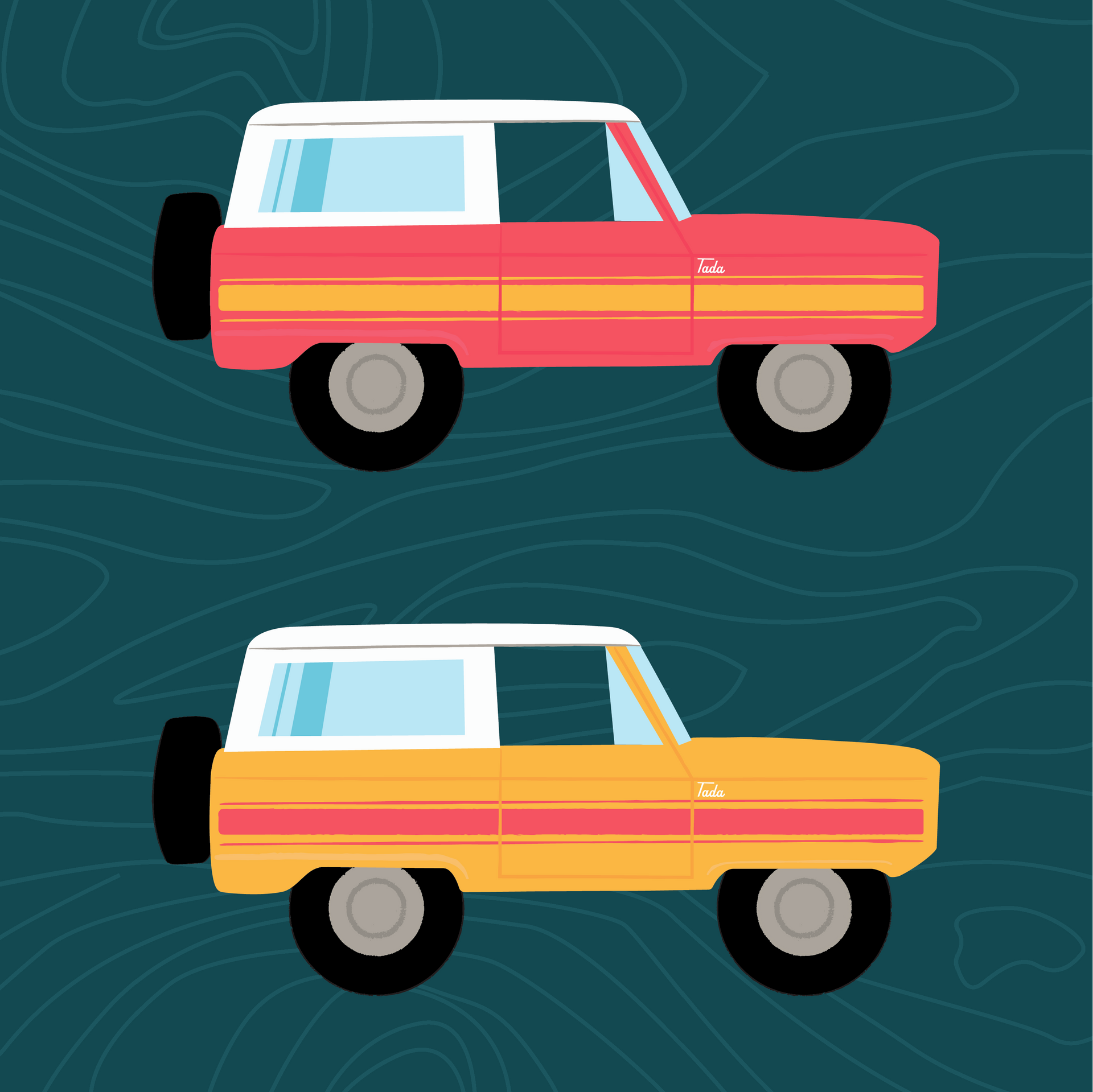 Two illustrations of vintage ford broncos one pink one yellow