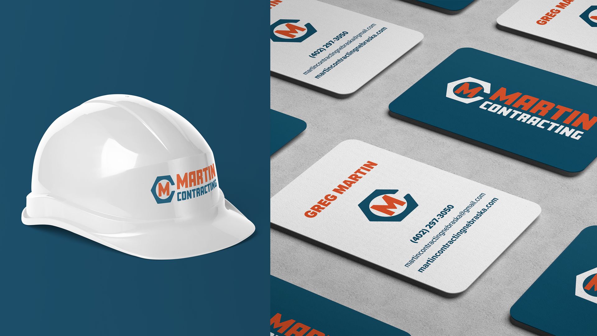 A hard hat and business cards for martin contracting