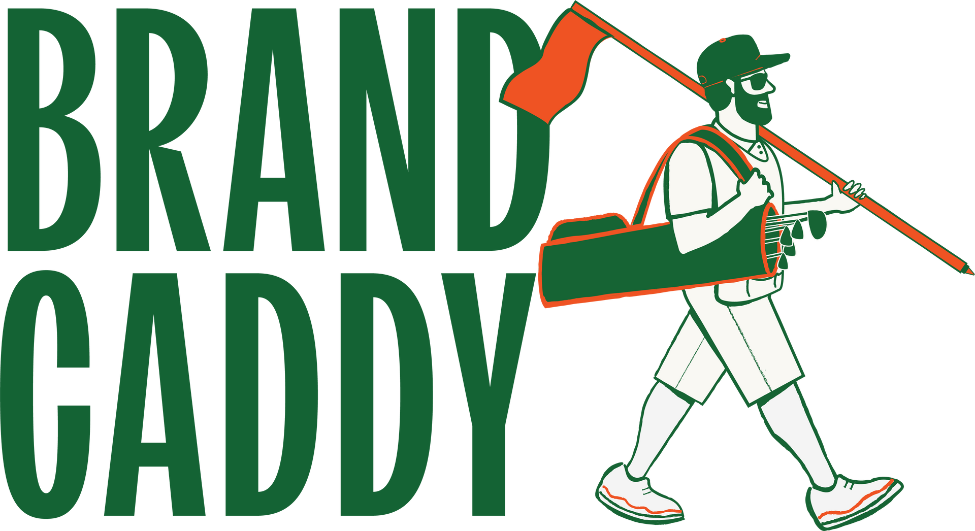 The logo for brand caddy shows a man carrying a golf bag and a flag.