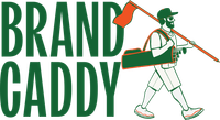 The logo for Brand Caddy shows a bearded man wearing a hat, caddy bib, and carrying a golf bag and a flag.