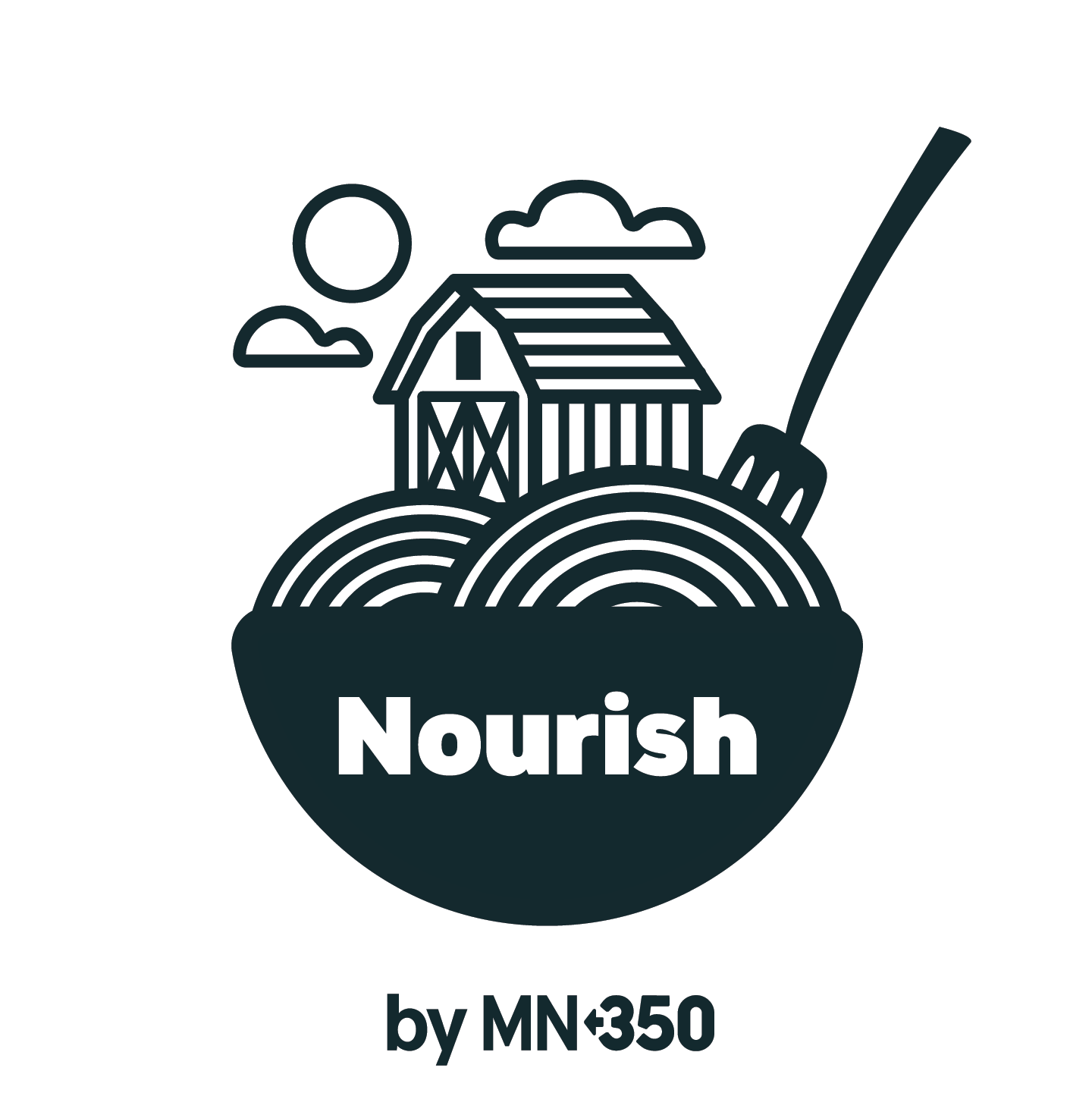 A logo for a company called nourish by mn 350 with a barn sitting on a field of noodles inside of a bowl. A fork sticks into the noodles and a sun and clouds sit above the barn on the opposite side.