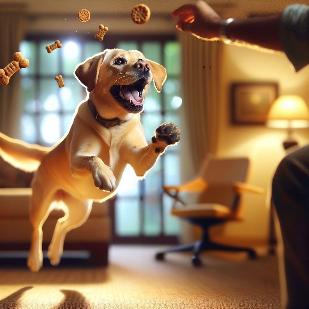 A Dog Is Jumping In The Air To Catch A Treat — Cessnock Pet & Greyhound Supplies in Singleton, NSW