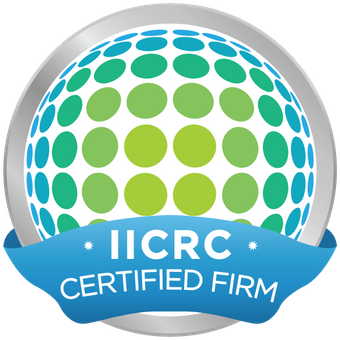 an iicrc certified firm logo with a blue ribbon