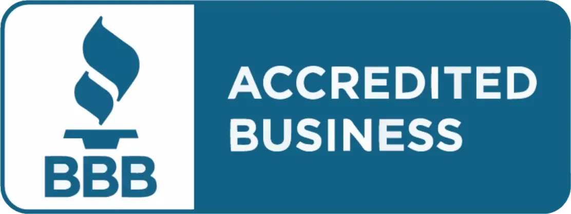 a blue sign that says accredited business on it