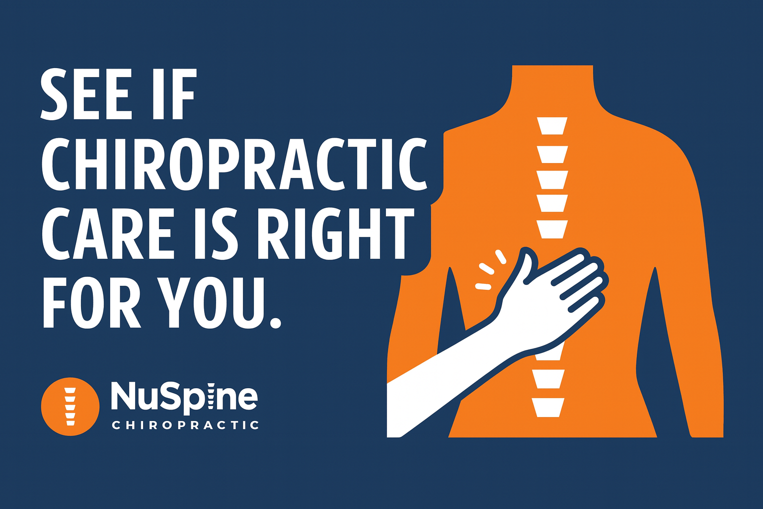 Dark blue background with orange silhouette of a spine and a hand reaching towards it, NuSpine Chiropractic logo and text:
