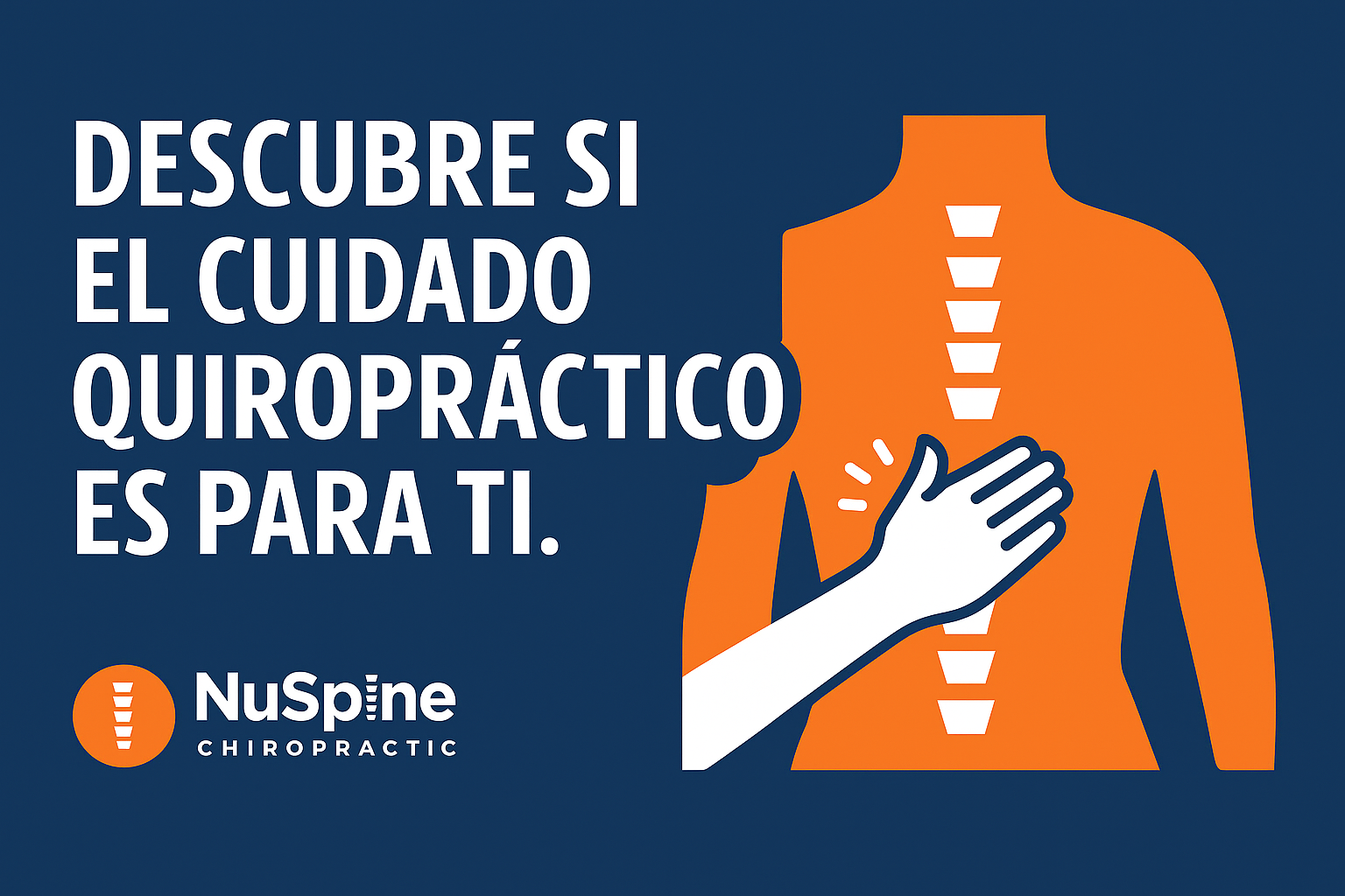 Fondo azul con el contorno naranja de una columna vertebral; una mano blanca toca el pecho. Texto: