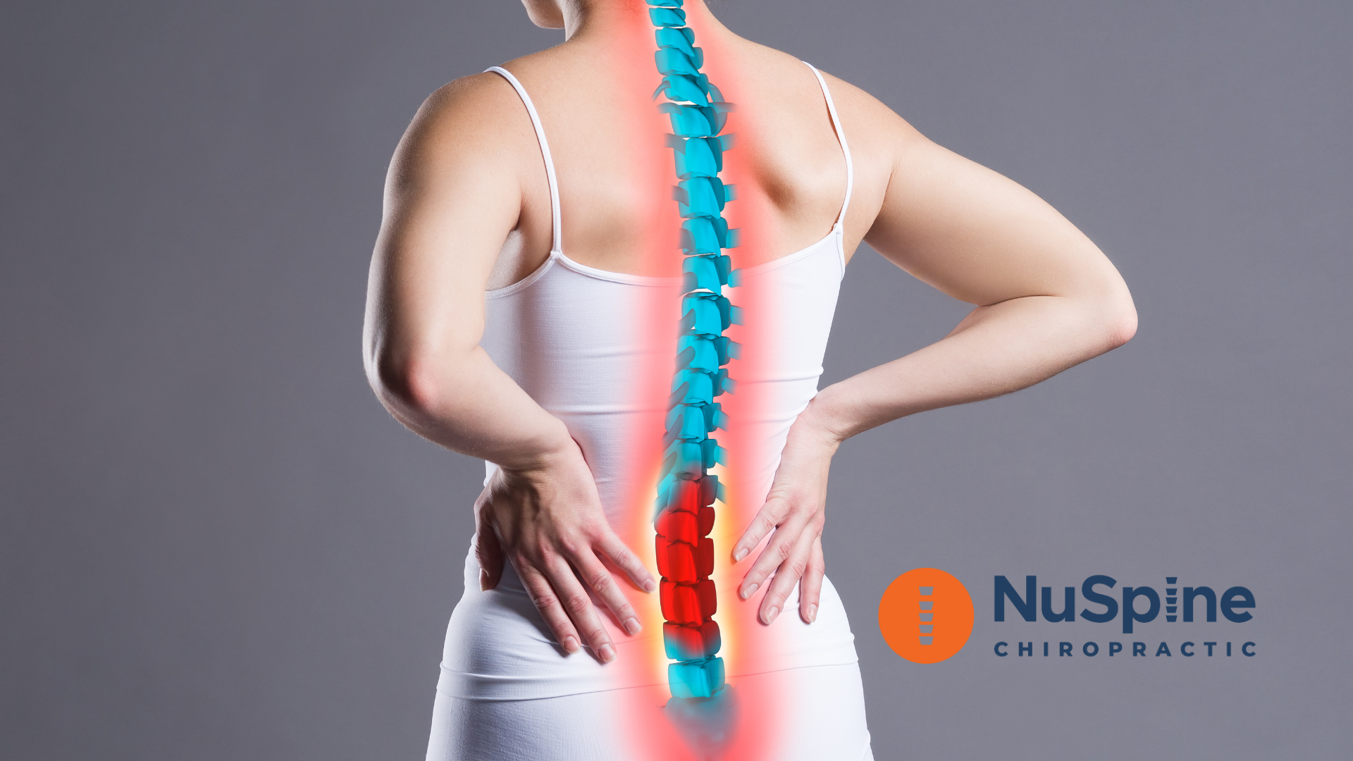 A woman is holding her back in pain while a diagram of her spine is shown.