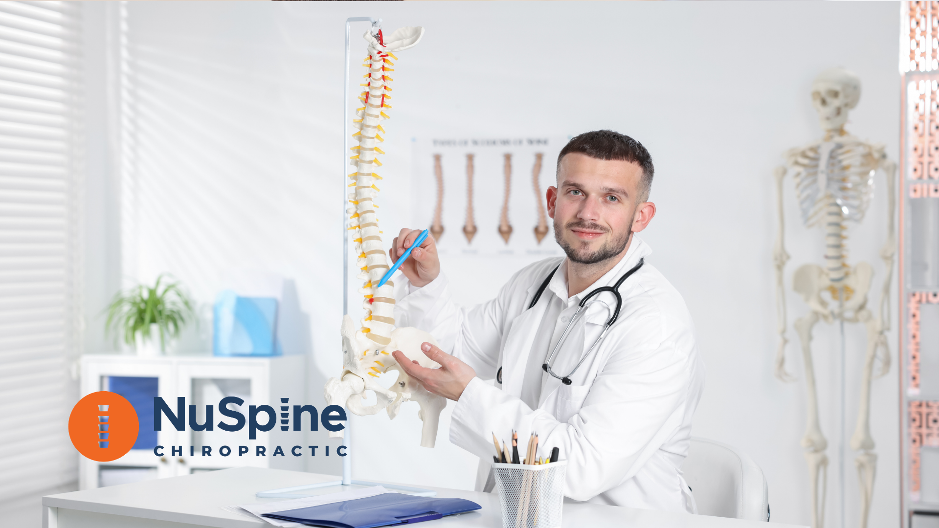 A chiropractor in a white coat points to a spinal model in a clinic, with a full skeleton visible in the background.