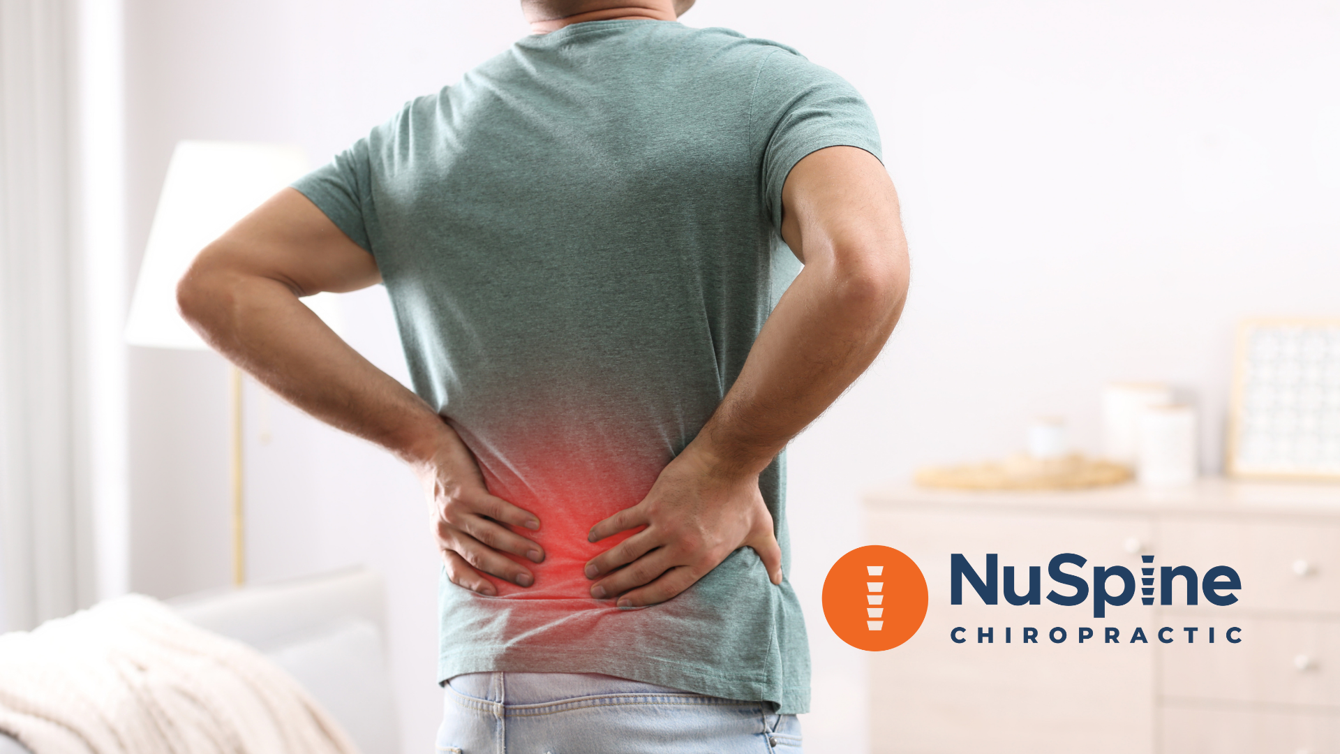 Man with lower back pain, hands on hips. Red highlighting indicates pain, logo.