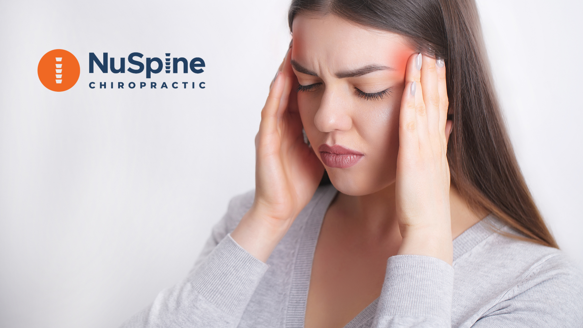 Woman with a headache, holding her temples, against a white backdrop. NuSpine Chiropractic logo.