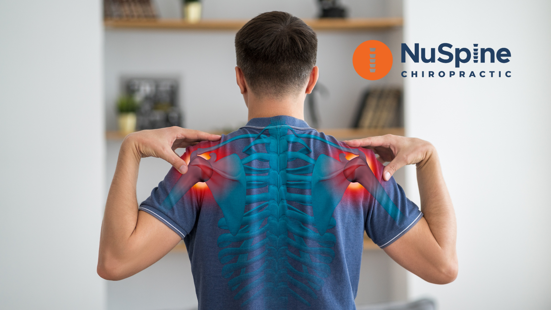 Man with shoulder pain, highlighted spine, and NuSpine Chiropractic logo.