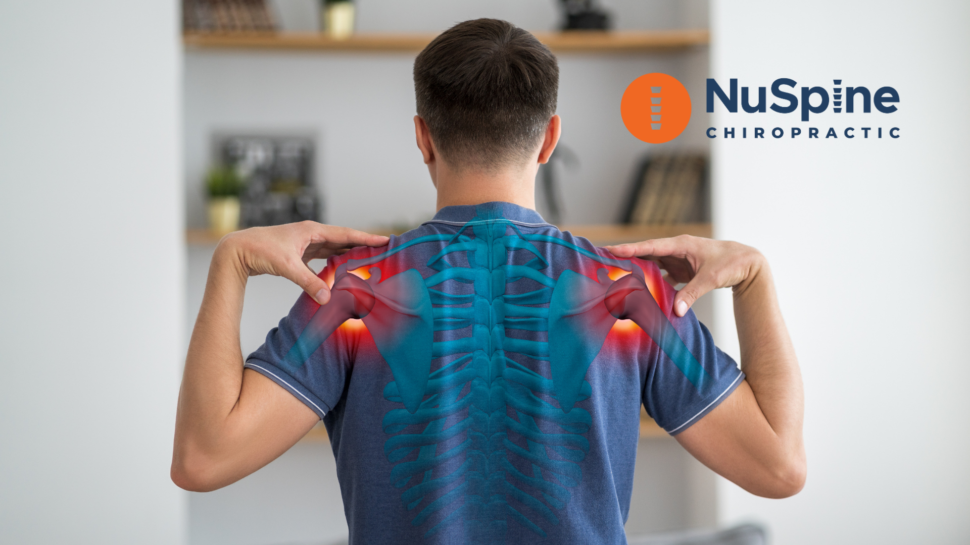 Man holding shoulders, pain highlighted, NuSpine Chiropractic logo in background.