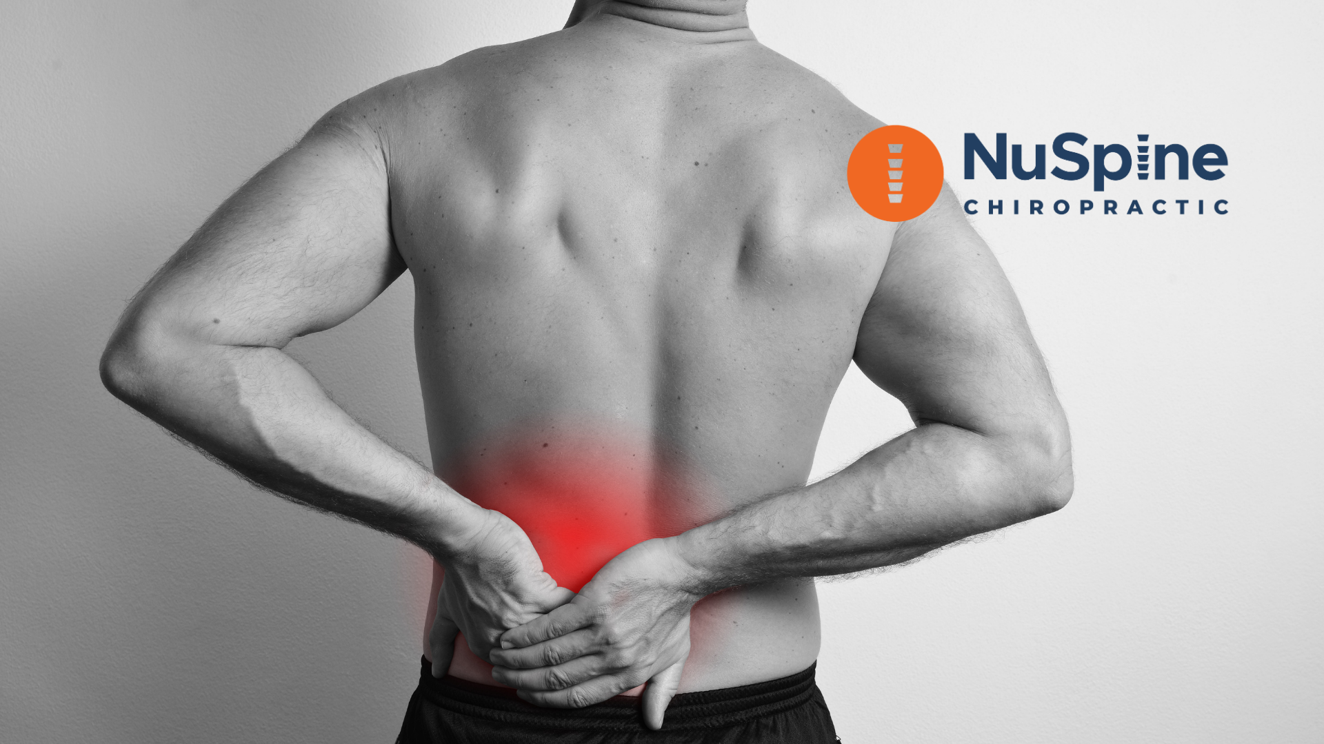 Man holding shoulders, pain highlighted, NuSpine Chiropractic logo in background.