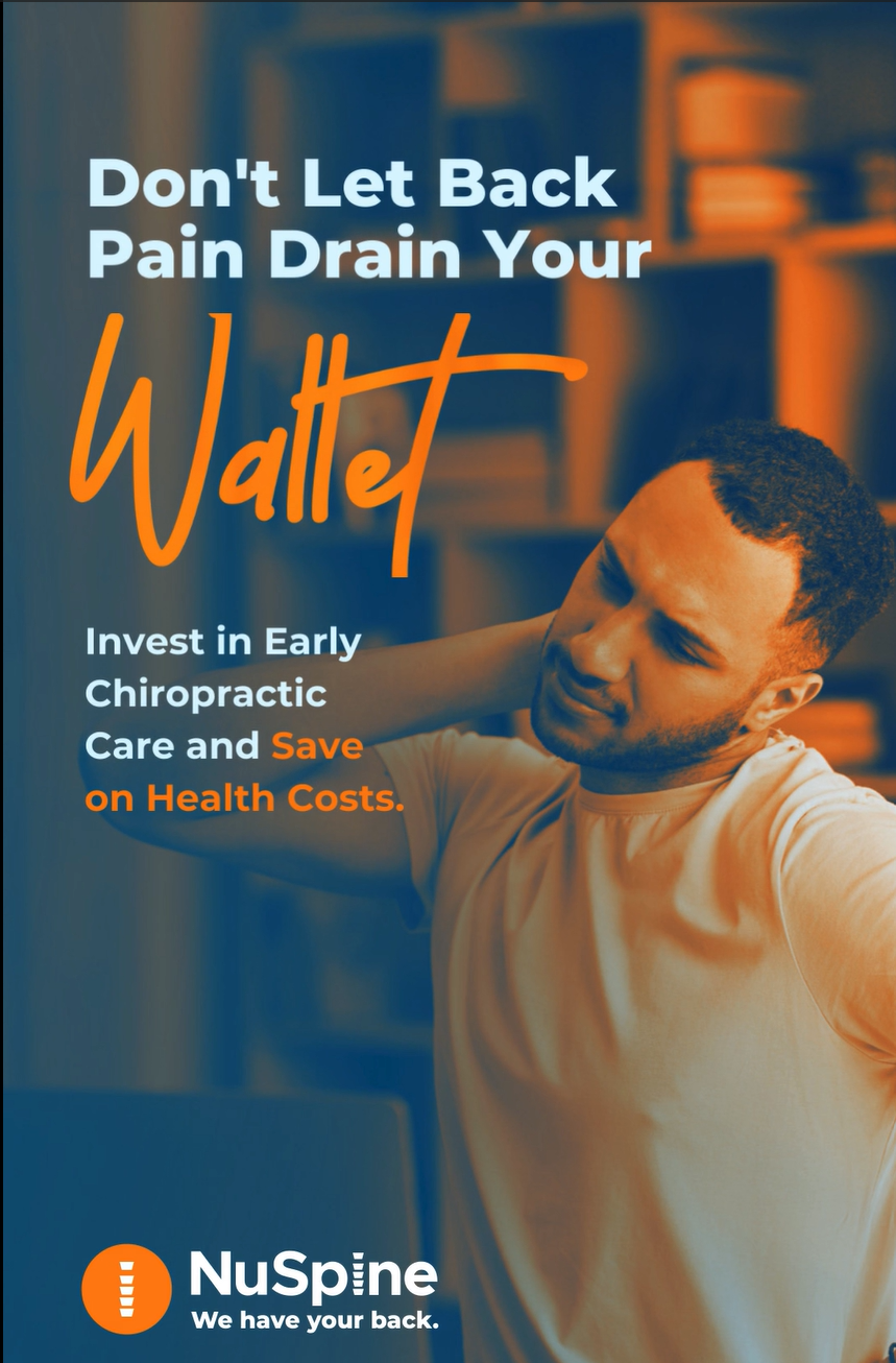 Ad promoting chiropractic care: Man holding neck, text says