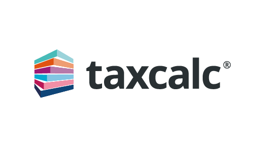 A colorful logo for a company called taxcalc.