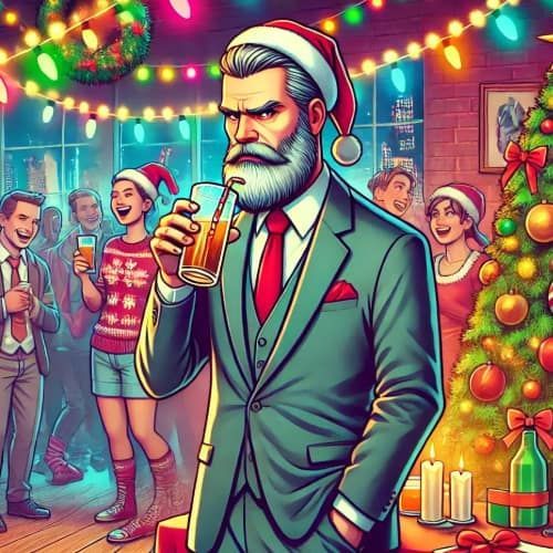 A man in a suit and tie is drinking from a straw at a christmas party.