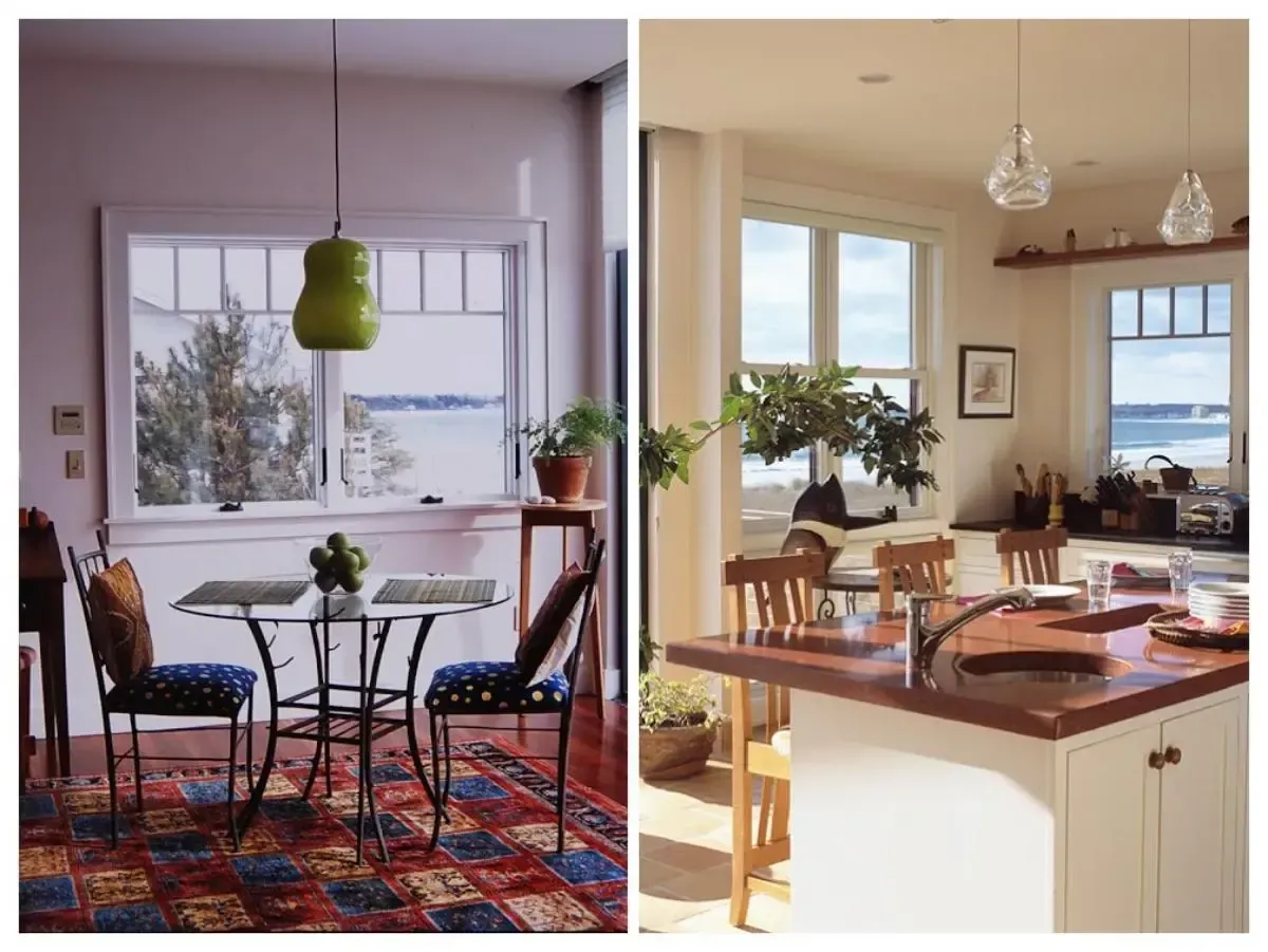 A picture of a dining room and a picture of a kitchen