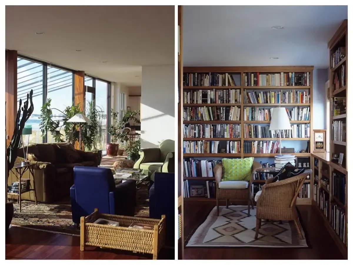 Two pictures of a living room and a library
