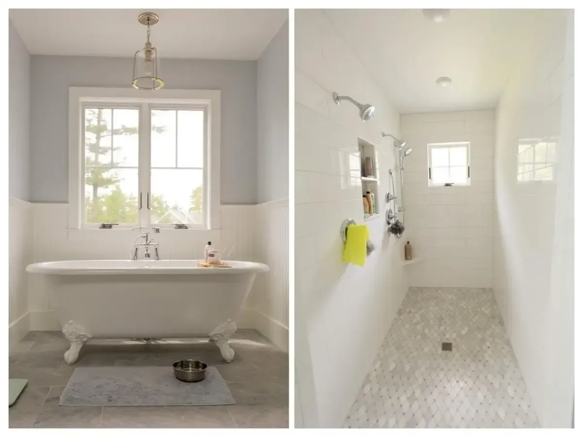 There is a bathtub and a shower in the bathroom.