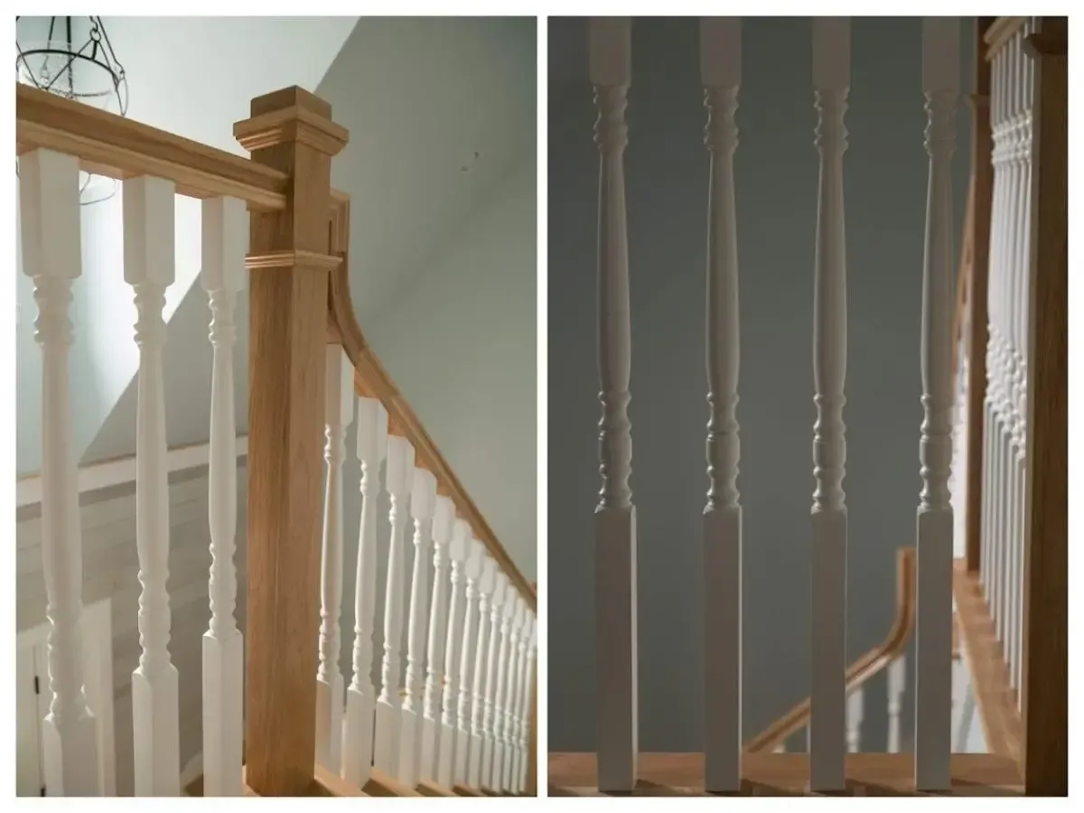 Two pictures of a wooden staircase with white railings