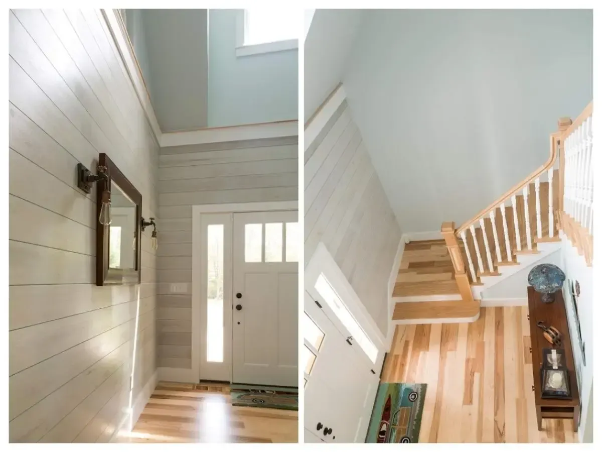 Two pictures of a hallway and stairs in a house