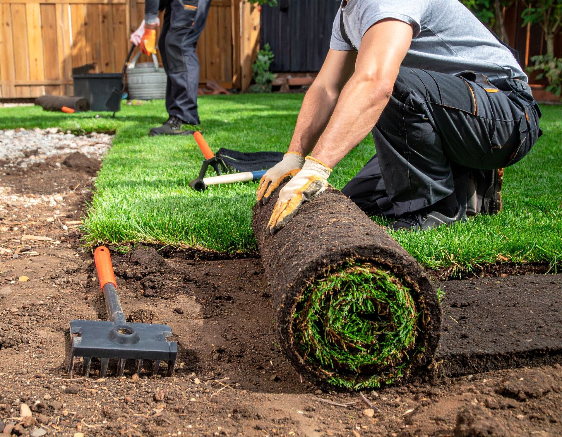 Two workers install new sod grass on a prepared dirt lawn, with one unrolling a fresh turf roll by hand.