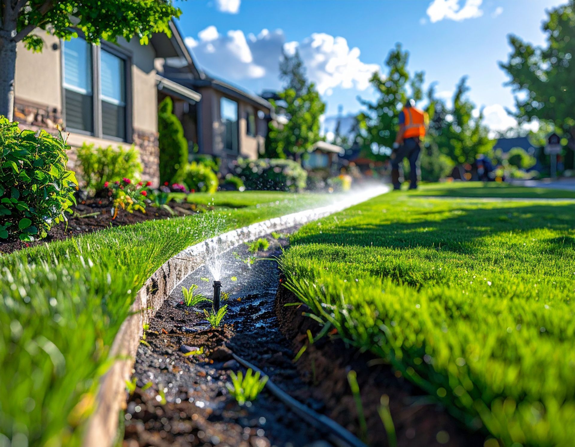 Lawn sprinkler system watering a green lawn in a suburban neighborhood, a person in an orange vest in the background.