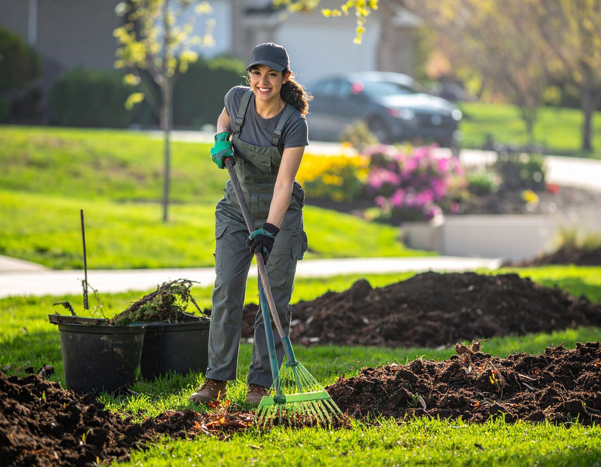 A person in work coveralls smiles while using a rake to clear soil in a sunny, green outdoor yard.