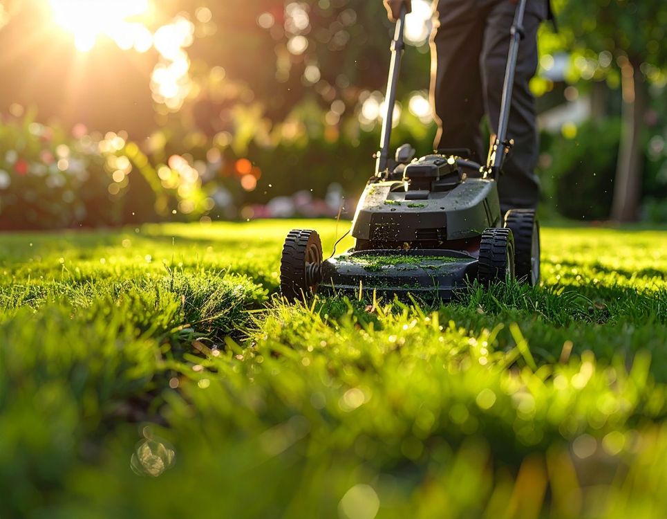 A person pushes a lawnmower across a vibrant, green lawn during a sunlit afternoon.