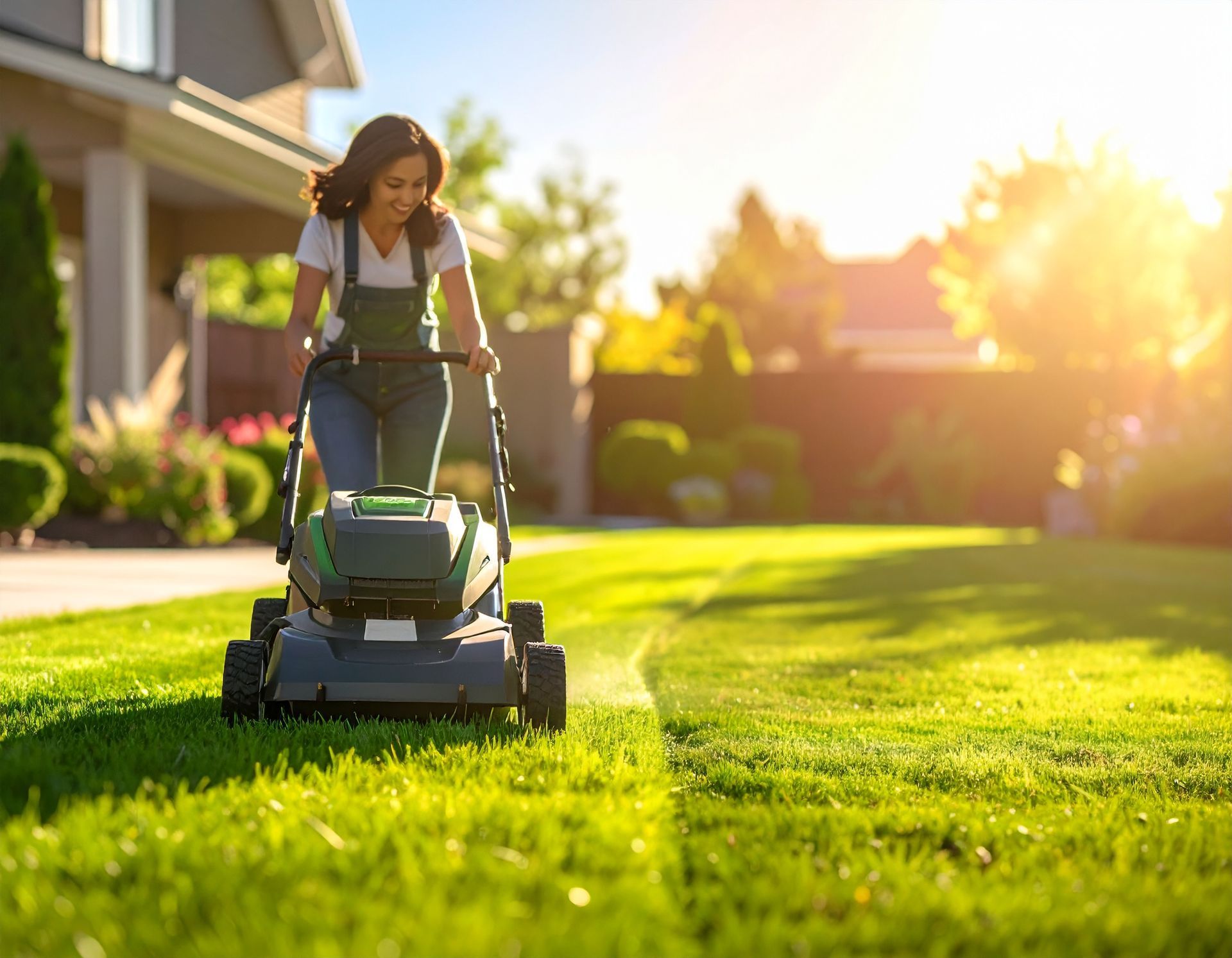 A person pushing a lawn mower across a sunny, green residential lawn in front of a house.