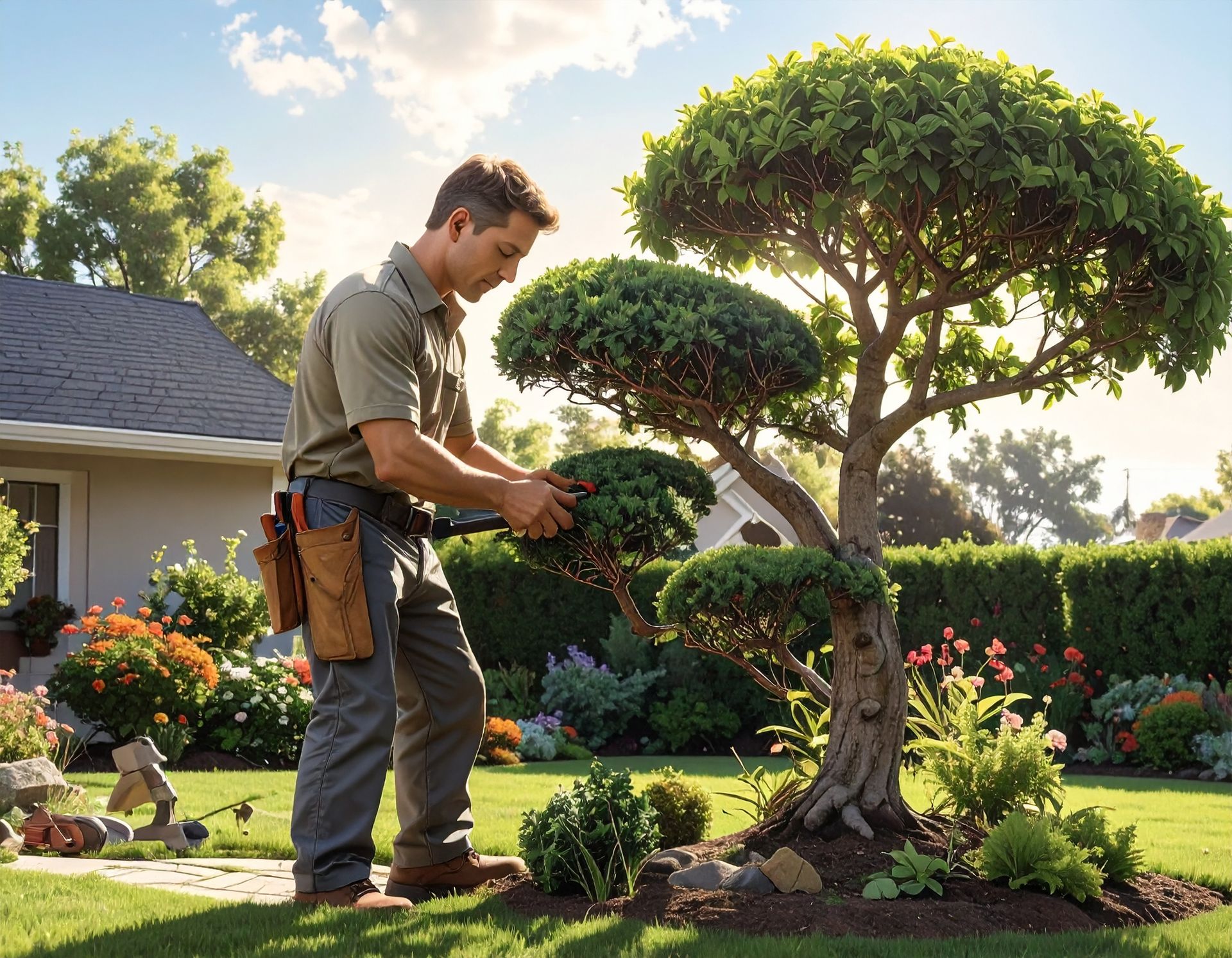 A professional gardener prunes a sculpted evergreen tree in a sunlit residential backyard.