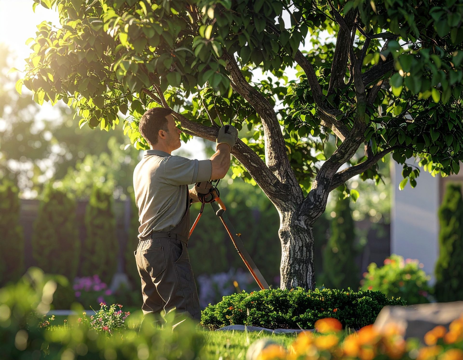 A person in work clothes uses electric hedge trimmers to prune a tree in a sunny, well-kept garden.