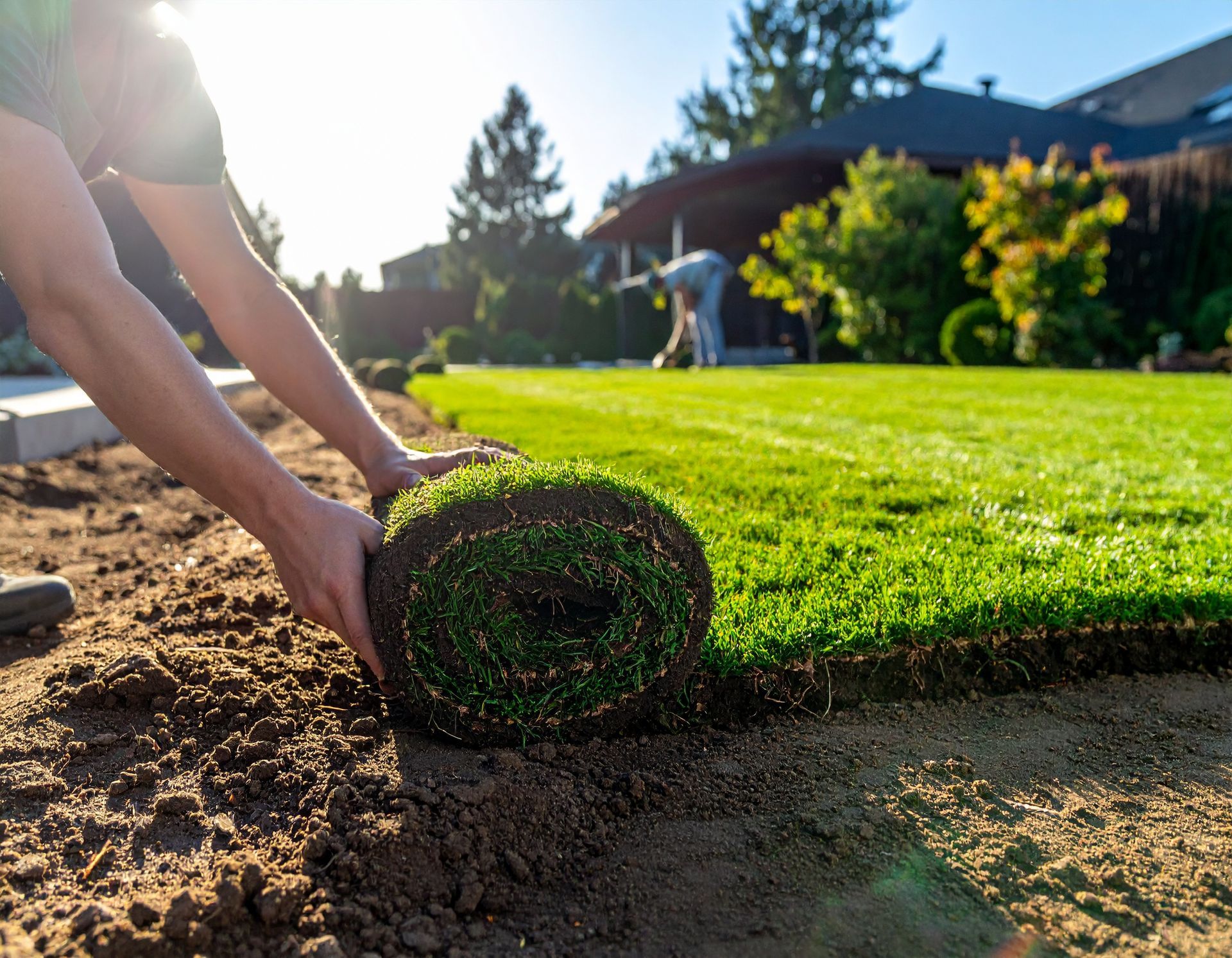 A person installs a roll of green sod onto bare soil in a sunny, residential backyard.