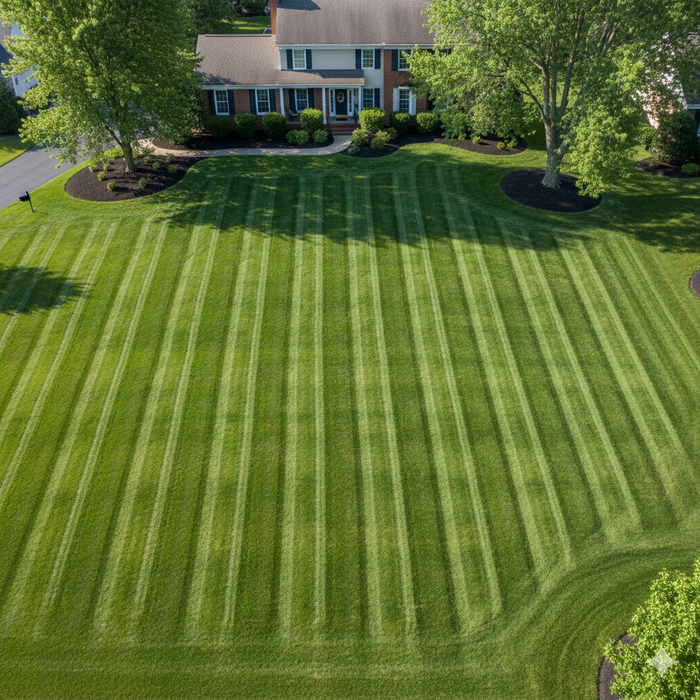 Lawn with vertical mowing stripes in front of a house, framed by trees and a circular driveway.