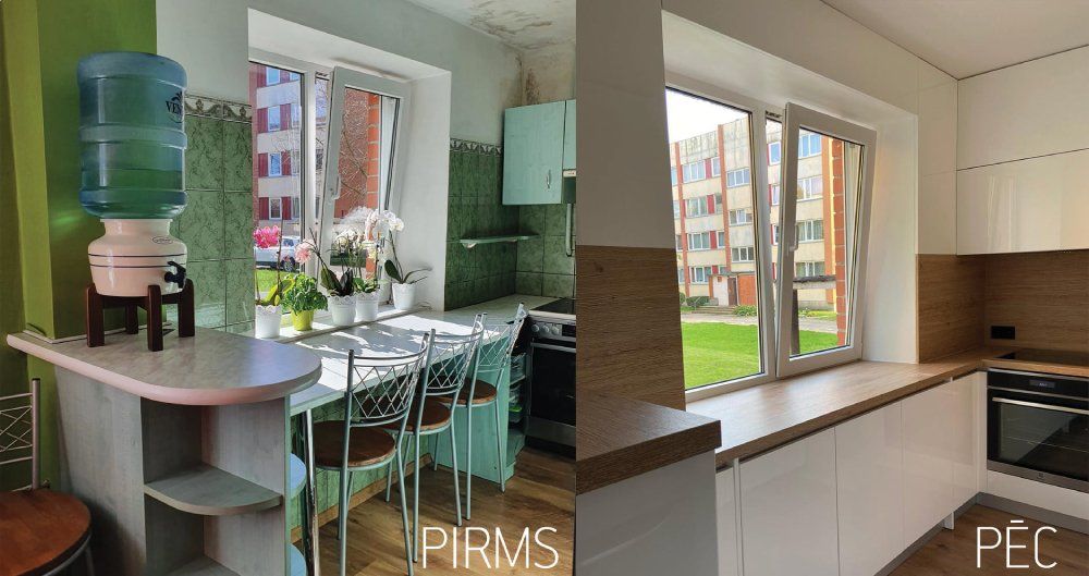 Pirs un pēc virtuves jaunās iekārtas uzstādīšanas un izgatavošanas