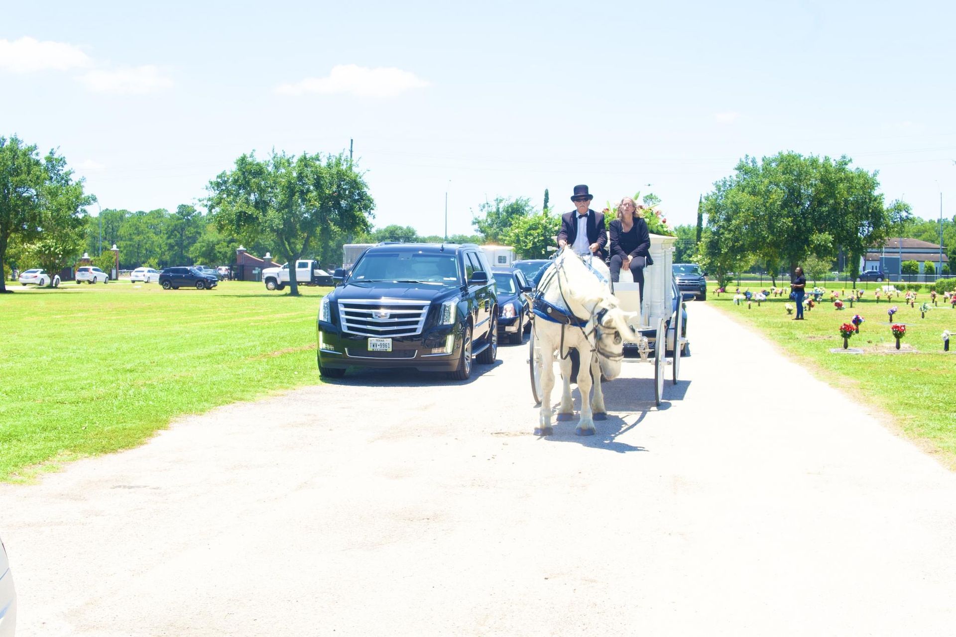 Horse-drawn carriage and hearse lead a funeral procession on a sunny day at a cemetery.
