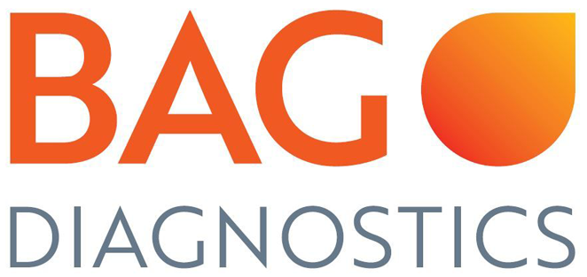 a logo for BAG Diagnostics with orange and grey design accents