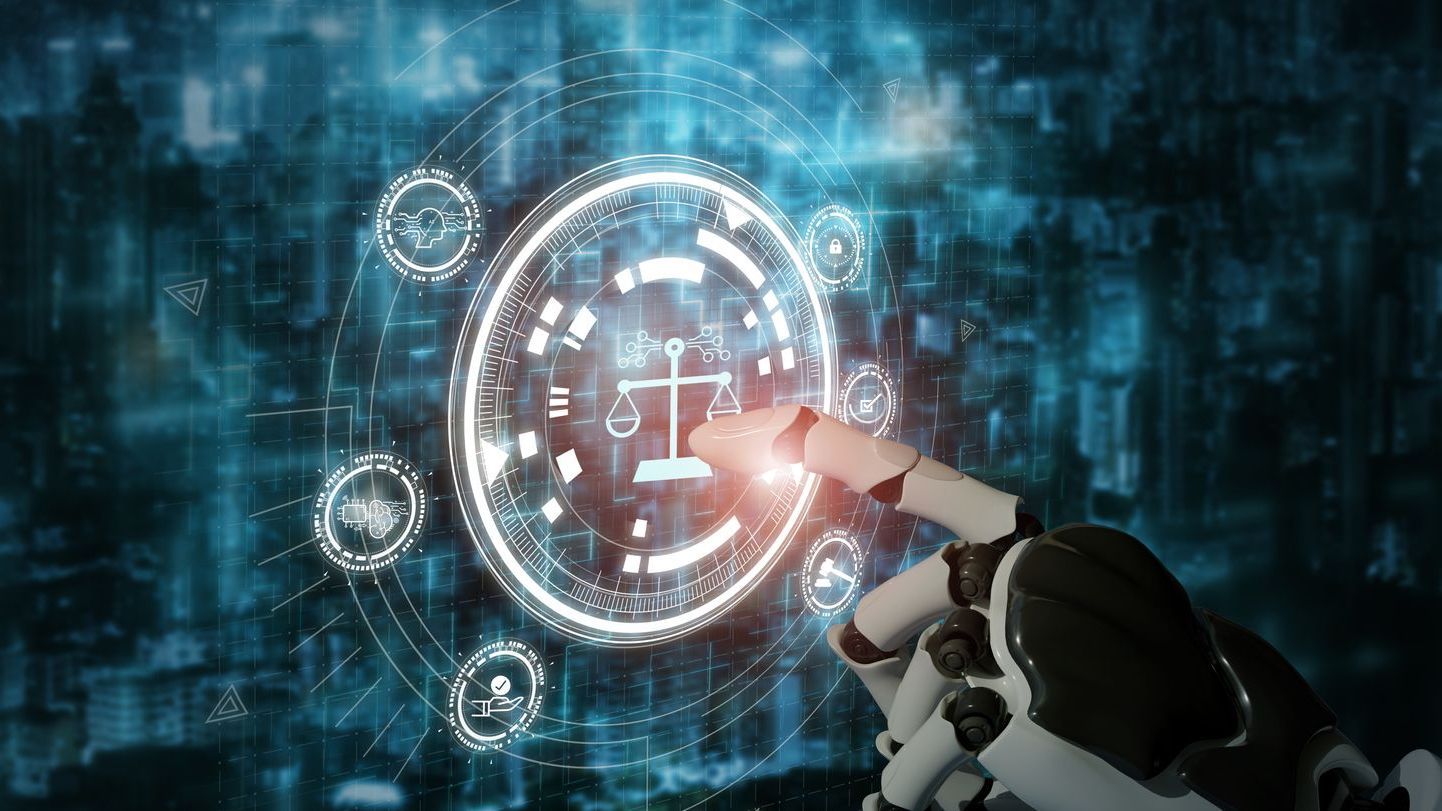 A robotic hand representing AI clicks a close up screen of a Law scale, indicating AI and eDiscovery