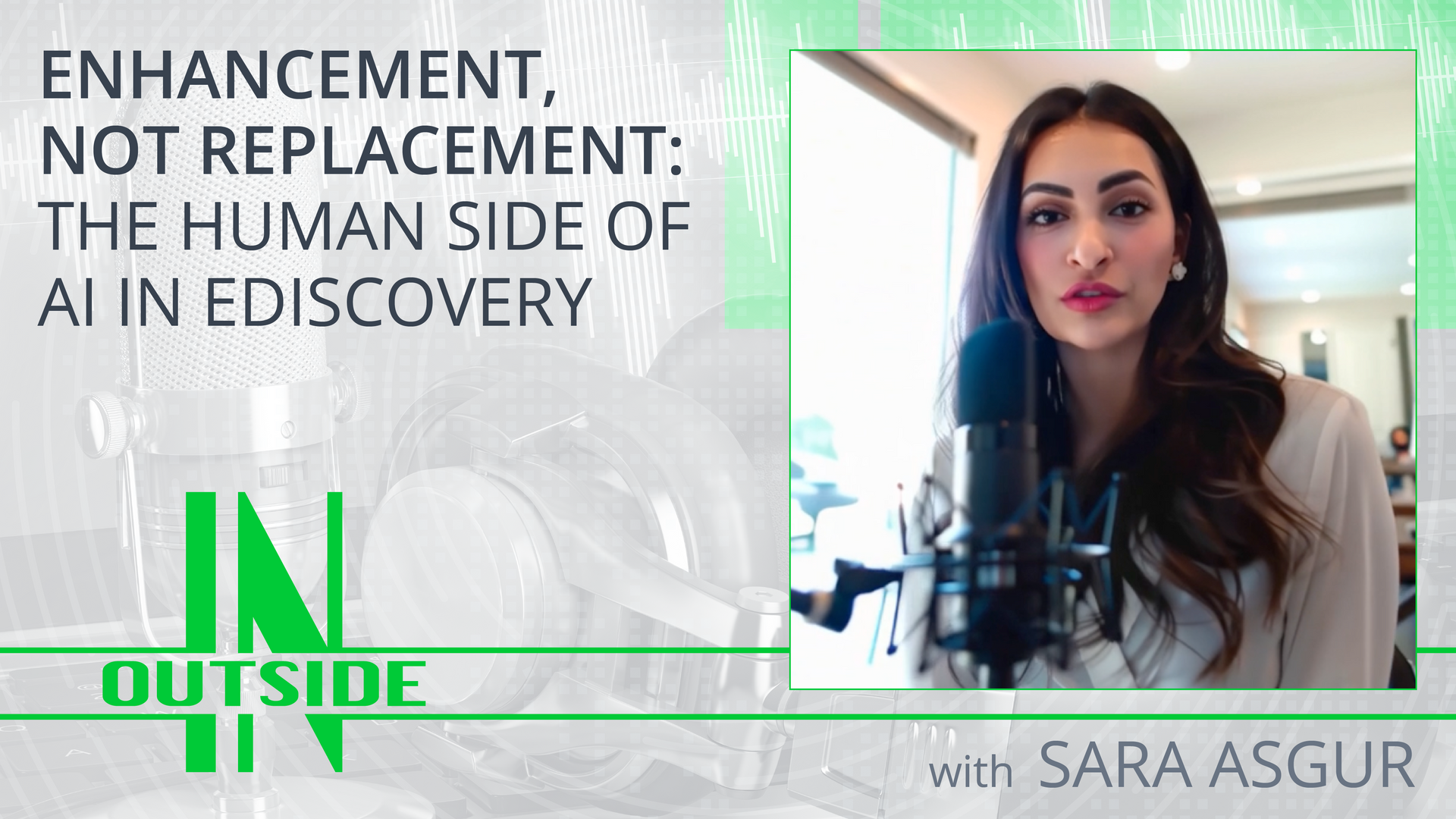 Promotional graphic with text, green “IN OUTSIDE IN” logo, and  Sara Asgur's portrait on the right.