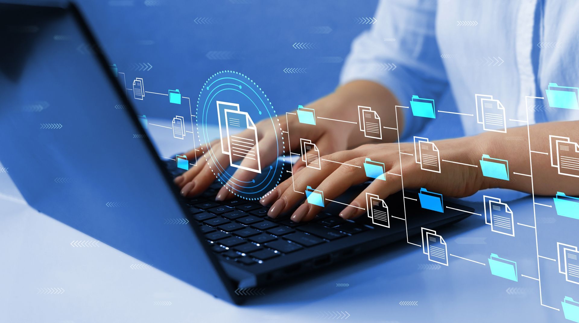 Forensics Analyst collecting data at a laptop with floating icons