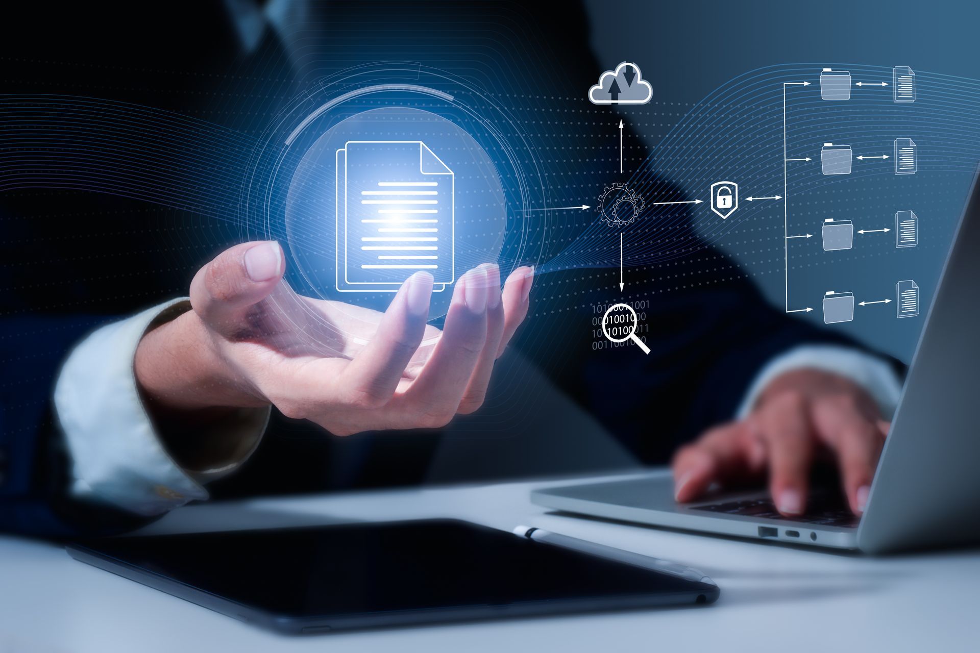 Lawyer holding a digital file floating above his hand