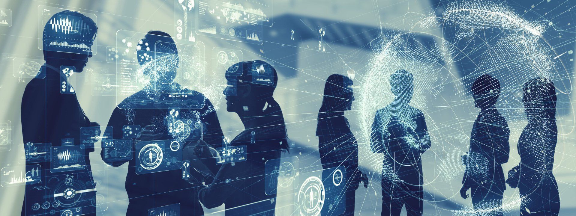 silhouettes of people in a digital world of swirling data