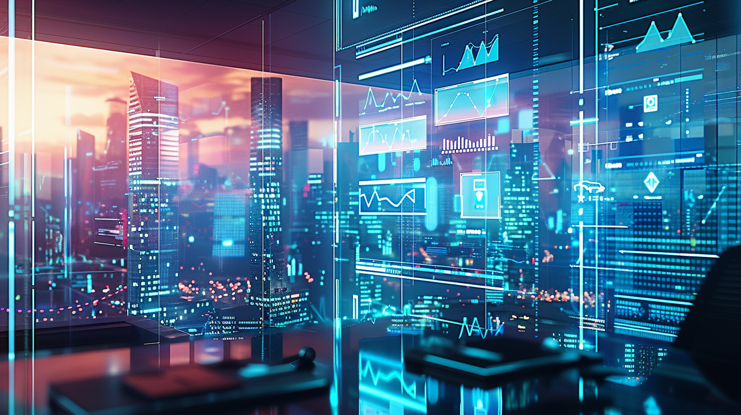 A futuristic office window overlooks a glowing digital city skyline filled with superimposed data charts and code.