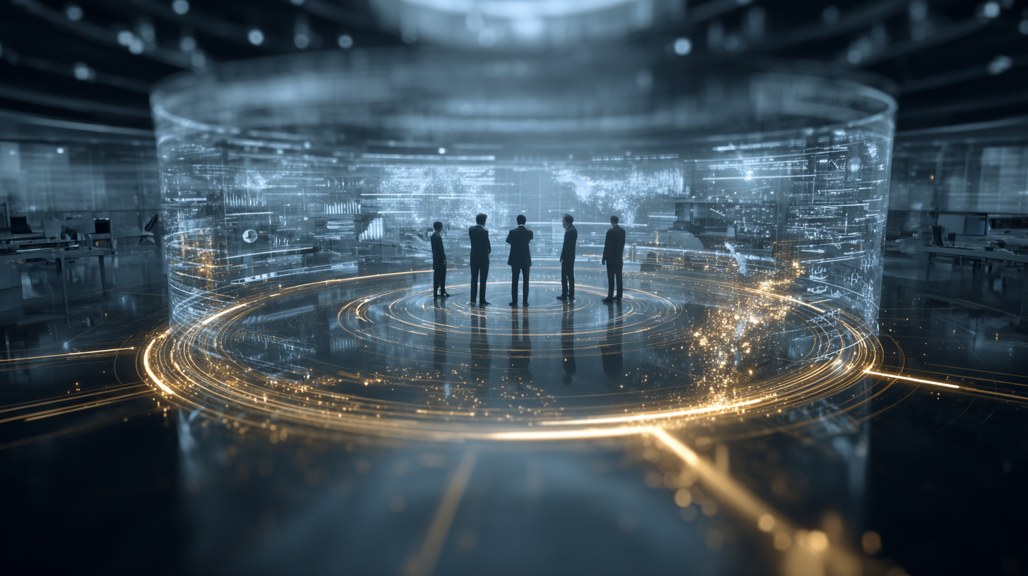 Silhouetted people standing in a glowing futuristic digital chamber with blue holographic panels