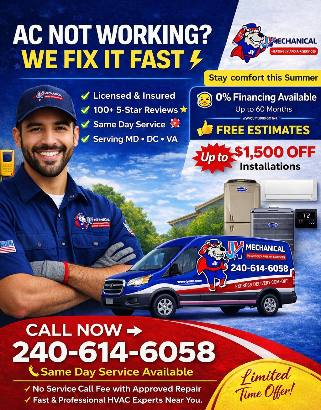 A promotional flyer for an HVAC company featuring a technician, service van, contact information, and special offers.