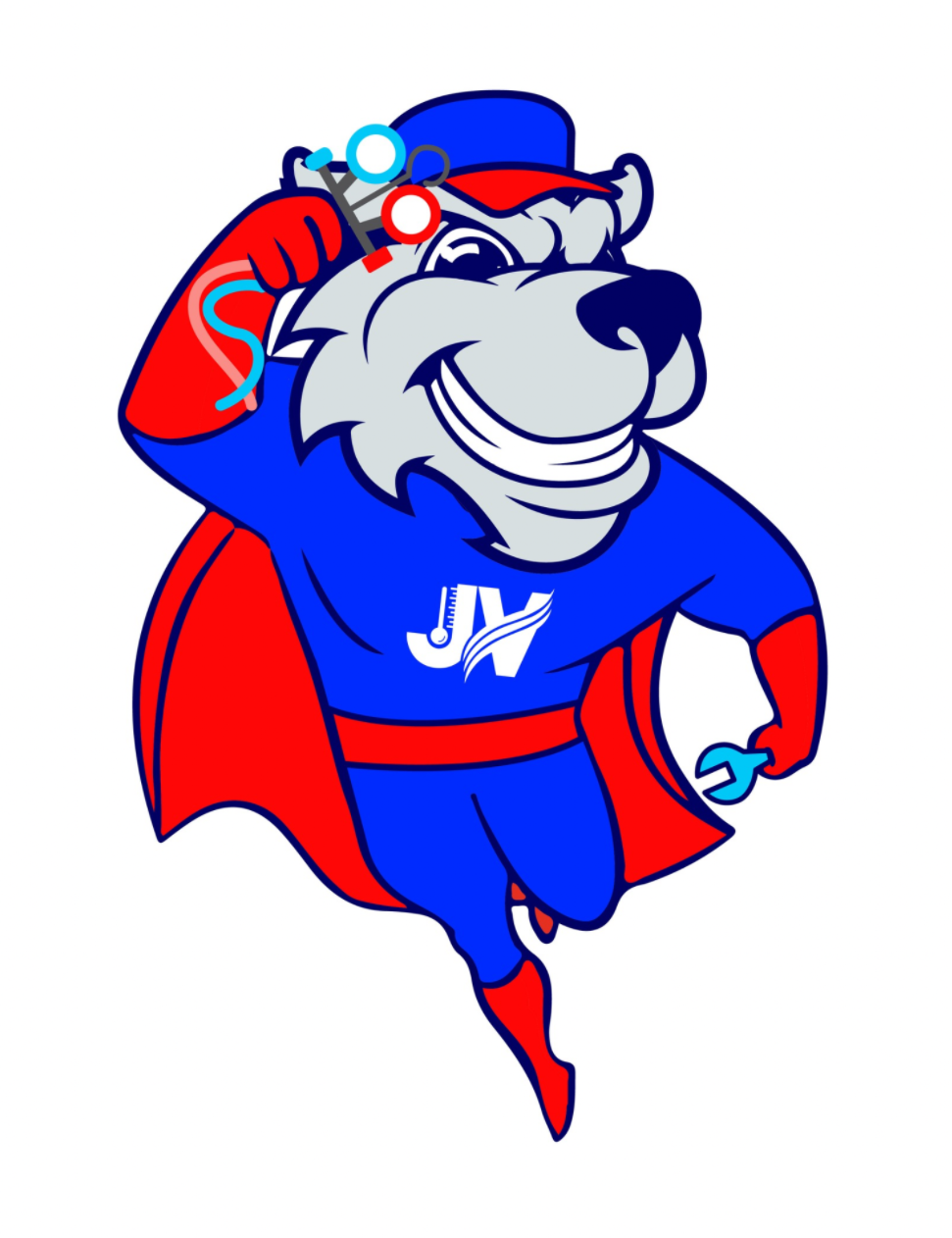 A cartoon bulldog superhero in a blue and red suit with a cape, holding a wrench, flying with a key icon above its head.