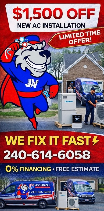 Promotional banner for AC installation offering $1,500 off, featuring a mascot, a technician, and contact information.