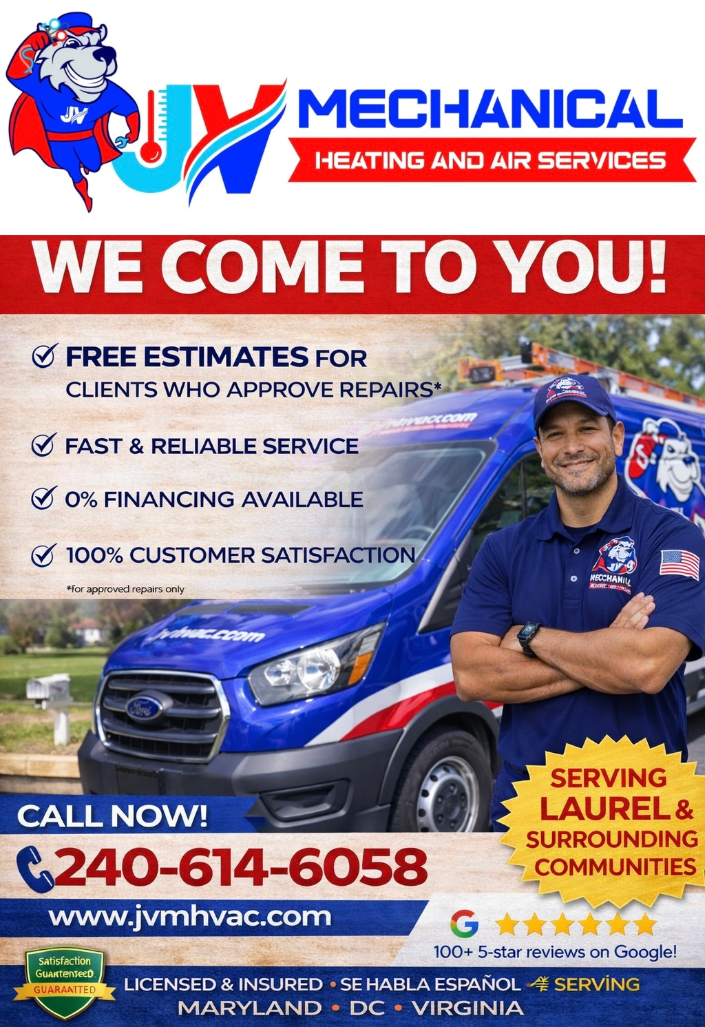 HVAC service advertisement featuring a smiling technician, a service van, company branding, and contact information.